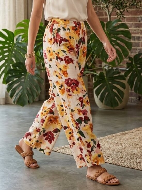 ichi Pants - ICHI Floral Wide Leg Palazzo Pants Cream Yellow Orange Red Linen Blend Pockets